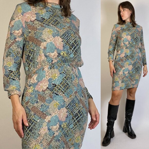 Vintage 1980s Pastel SILK Textured ABSTRACT Floral Print Dress! Medium to Large - Picture 1 of 10
